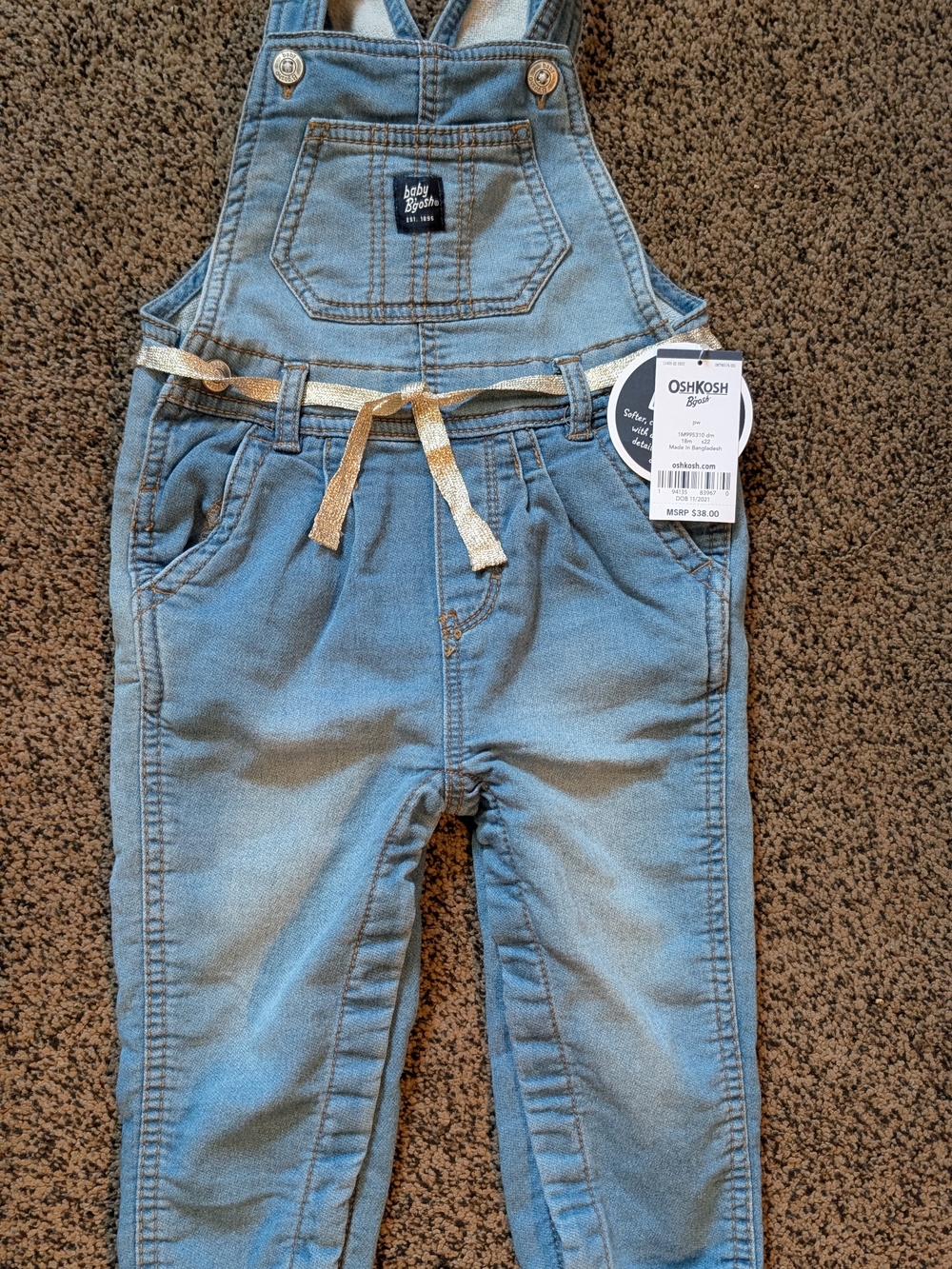 OshKosh B'gosh Light Blue Denim Overalls with Gold Tie Belt